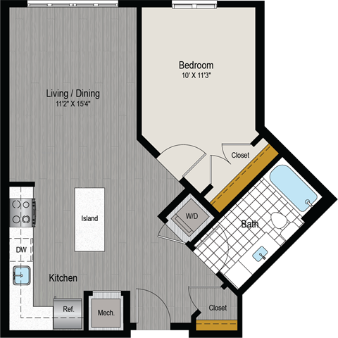 the floor plan of a bedroom apartment with a bathroom and a living room